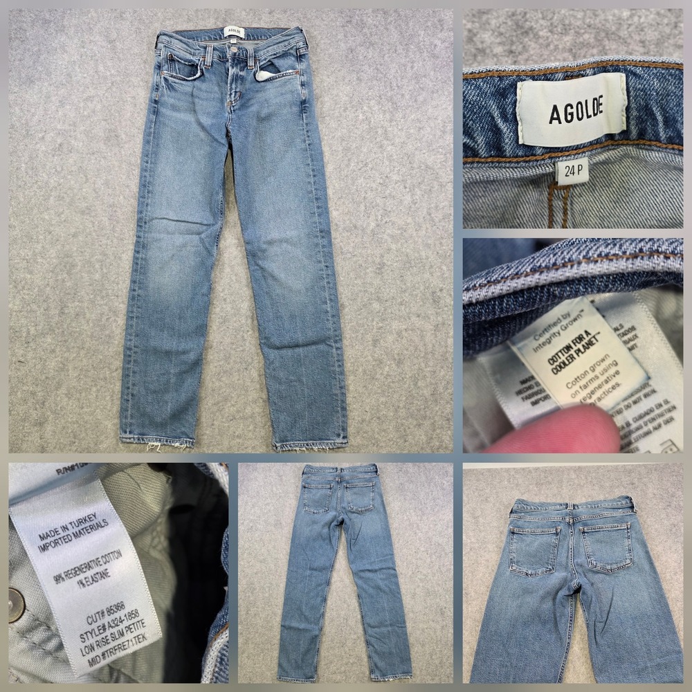 AGOLDE Low Rise Straight Petite Jeans Womens 24P Blue Stretch Distressed Denim
